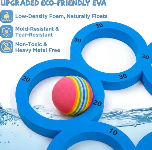 Miniatura 3 de Hiboom Juego de piscina con puntuación, combo de flotadores de espuma para piscina con 10 bolas de lanzamiento coloridas, juego de lanzamiento