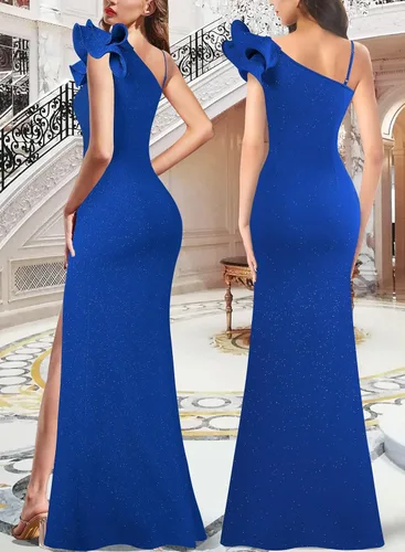 Miniatura 2 de VFSHOW Vestido largo con volantes y tirantes para mujer, fruncido, formal, para graduación, boda, cuello en V, elegante, dividido, cóctel, noche