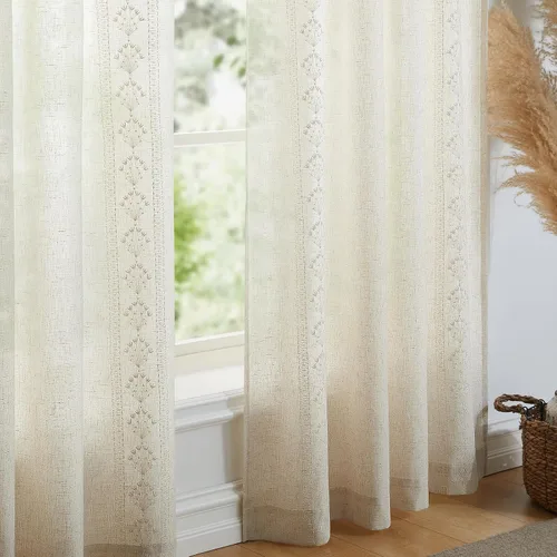 Miniatura 4 de Cortinas modernas de lino de 96 pulgadas de largo, 2 paneles de cortinas semitransparentes bordadas para sala de estar, cortinas filtrantes de luz