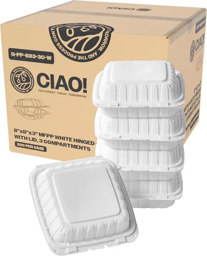 Miniatura 18 de CIAO! Contenedor blanco con bisagras MFPP de 9"x9"x3" con tapa 1 compartimento (caja de 150)