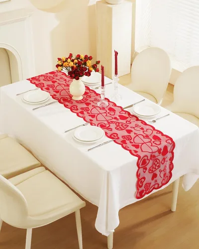 Miniatura 13 de Camino de mesa para el día de San Valentín, decoración del día de San Valentín, 70 pulgadas de largo, bordado rojo y rosa, camino de mesa de corazón