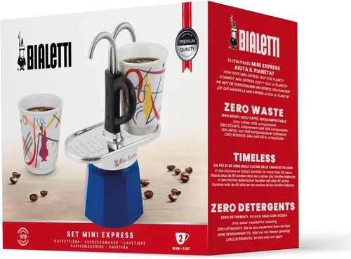 Miniatura 7 de Bialetti - Mini Express Kandinsky: El juego Moka incluye cafetera 2 tazas (2.8 Oz) + 2 vasos de chupito, azul claro, aluminio