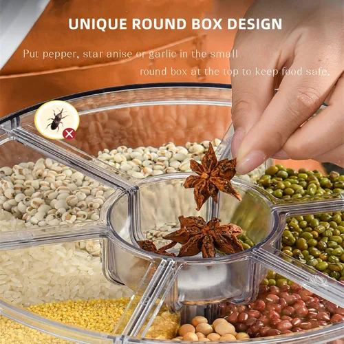 Miniatura 3 de DYRABREST Dispensador de arroz, dispensador de cereales giratorio de 360°, dispensador de almacenamiento de granos multigrano redondo de 6 rejillas