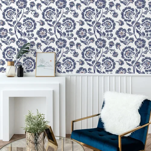 Miniatura 2 de VEELIKE Papel tapiz autoadhesivo con diseño floral vintage gris y azul de 17.7 x 354 pulgadas, papel de contacto autoadhesivo extraíble