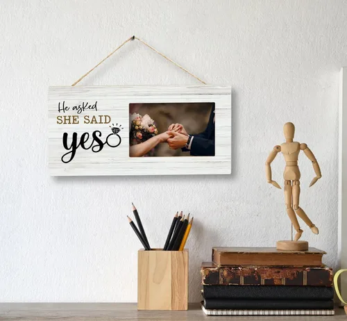 Miniatura 5 de SRADMO Marco de fotos con texto en inglés «He Asked and She Said Yes», regalos románticos, marco de fotos de madera de 12 x 6 pulgadas para parejas