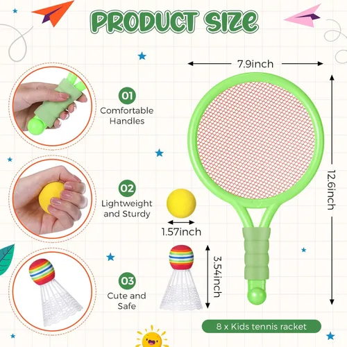 Miniatura 2 de Wettarn 8 raquetas de tenis de plástico para niños, con 4 pelotas de tenis y 4 volantes, juego de raquetas de playa en 3 colores para niños, regalos