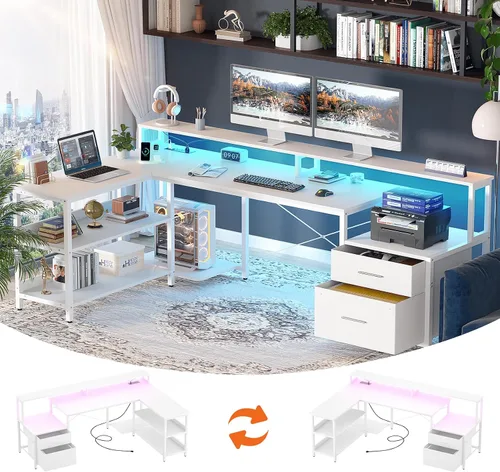 Miniatura 9 de Aheaplus Escritorio en forma de L con cajón de archivos, escritorio reversible en forma de L para computadora de 72.8" con toma de corriente
