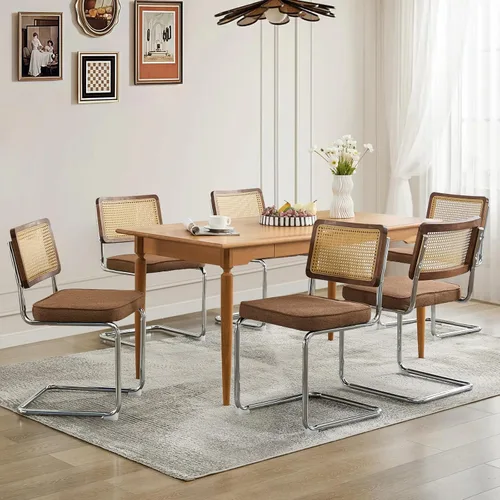 Miniatura 11 de Juego de 2 sillas de comedor de ratán, sillas de comedor modernas tapizadas de mediados de siglo con respaldo de caña, sillas de cocina de Beige