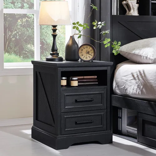 Miniatura 14 de ACCOHOHO Mesita de noche de 18" estilo granja con estación de carga, mesa auxiliar con 2 cajones de almacenamiento, mesa de cabecera, mueble