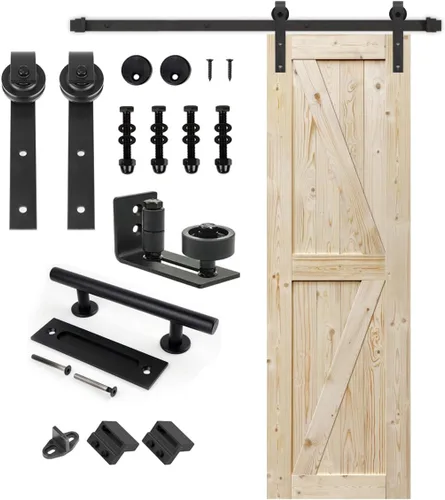 Miniatura 31 de S&Z TOPHAND 20 pulgadas x 84 pulgadas. Puerta de granero anudada británica sin terminar con kit de herrajes deslizantes de 4 pies/madera