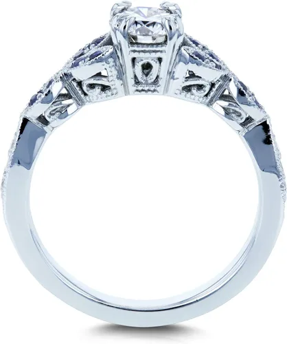 Miniatura 3 de Kobelli Anillo de compromiso frondoso de moissanita redonda con detalles de zafiro azul 5/8 CTW Oro blanco de 14 k (GH/VS, GH/I)