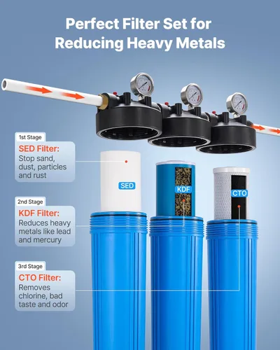 Miniatura 3 de VEVOR Sistema de filtro de agua para toda la casa, 3 etapas, sedimento, KDF, CTO Filtro purificador de agua para el hogar de 4.5 x 20 pulgadas que