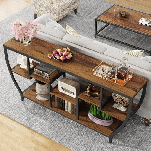 Miniatura 4 de Tribesigns - Mesa de sofá larga de 70.9 pulgadas con estantes, mesa consola rústica con almacenamiento, mesa de entrada industrial, soporte para TV
