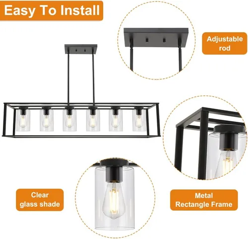Miniatura 5 de Candelabros de 6 luces con acabado negro, accesorios de iluminación colgantes industriales modernos para isla de cocina con luces de techo de vidrio
