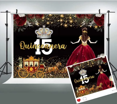 Miniatura 8 de Vestido rojo, fondo de flores de rosa, telón de fondo de cumpleaños de quinceañera para niña, princesa, feliz cumpleaños 15, carruaje de fotografía