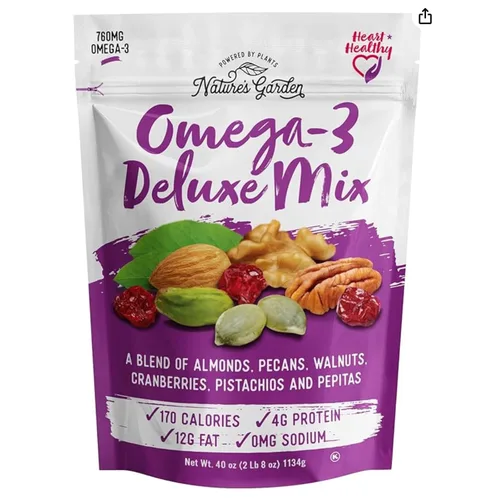 Nature's Garden Omega 3 Deluxe Mix - Mezcla saludable de frutos secos, Power Up, saludable para el corazón, sin gluten, sin colesterol, sin sodio,