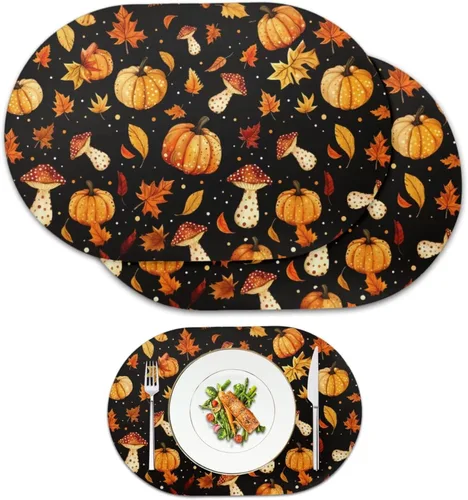 Miniatura 65 de Non Slip Placemats Set of 6 Pumpkin Mushroom Theme Waterproof Wipeable Faux Leather for Thanksgiving Family Feast Heat Resistant Dining Table Mats