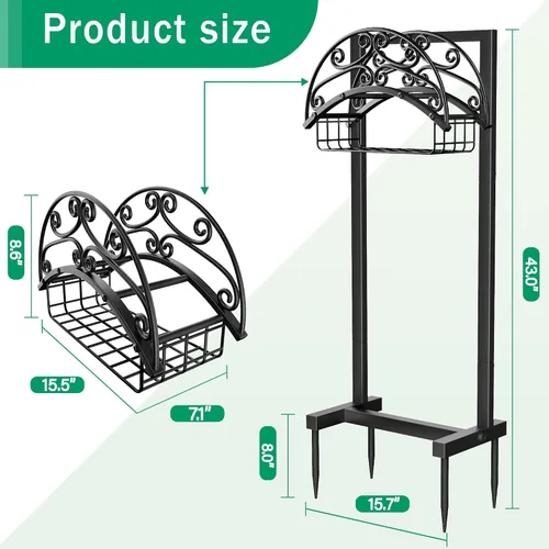 Miniatura 6 de Soporte para manguera de jardín, soportes de manguera de agua independientes para exteriores con cesta de almacenamiento, soporte de manguera