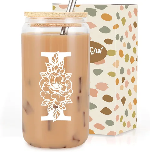 Taza de Vidrio Inicial Coolife, Regalos Personalizados para Mujeres, Tazas de Vidrio de 16 oz con Tapas y Popotes, Vaso para Café Helado, Licuado,