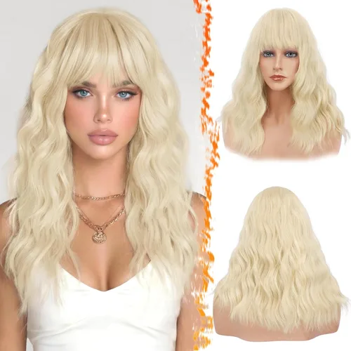 Miniatura 14 de BARSDAR Peluca rubia corta ondulada con flequillo, pelucas cortas onduladas de 14 pulgadas para mujer, pelucas sintéticas suaves hasta el hombro