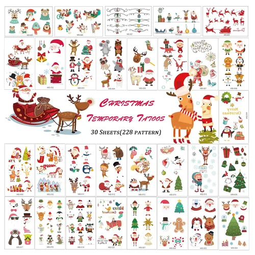 Tatuajes temporales para maquillaje de Navidad para niños, 228 tatuajes de dibujos animados (30 hojas), impermeables, tatuajes falsos para arte
