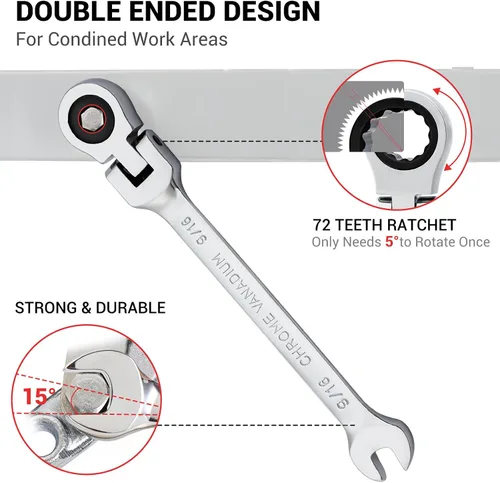 Miniatura 3 de Pilida Llave de trinquete de 9/16 pulgadas SAE llave combinada de engranajes de cabeza flexible 72 dientes llave de trinquete de acero cromado