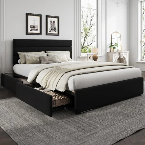 Miniatura 8 de WLIVE Base de cama tapizada tamaño Queen con 4 cajones de almacenamiento y cabecero, marco de cama de plataforma de terciopelo, soporte de listones