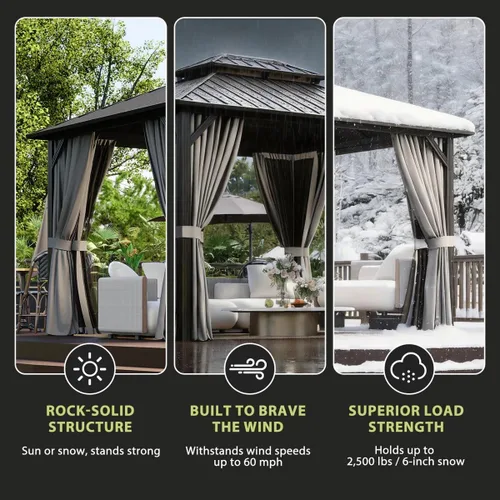 Miniatura 4 de Gazebo de techo rígido de 10 x 12 pies, cenador de aluminio para exteriores con doble parte superior de acero galvanizado, pabellón de metal