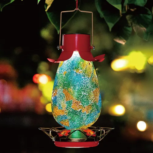 Miniatura 8 de Comedero solar LED para colibríes para exteriores, mosaico de vidrio multicolor, botella de néctar de colibrí colgante con 4 estaciones