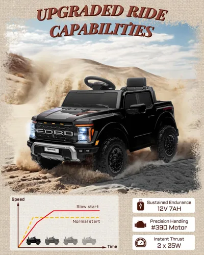 Miniatura 8 de First Ride On Ford F-150 Raptor con Licencia de 12V - Juguete de Montar para Niños, Camioneta de Montar con Control Remoto para Padres, Auto Negro