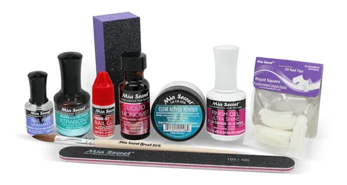 Kit acrílico de uñas Mia Secret: 1/2 oz monómero líquido, 1/2 oz acrílico transparente en polvo, pegamento de uñas secado rápido, 1/2 oz esmalte