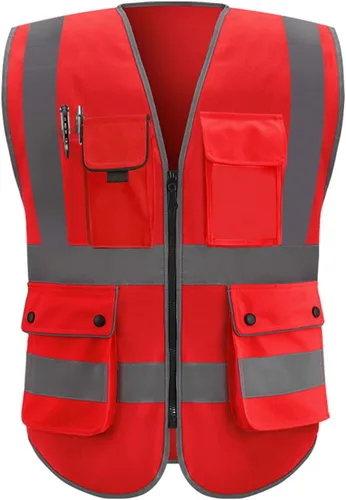 XIAKE Chaleco de seguridad reflectante para hombres y mujeres, chaleco de alta visibilidad clase 2 con bolsillos, cumple con las normas ANSI Rojo