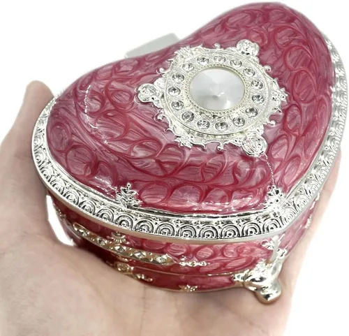 Miniatura 23 de ROSIKING Caja de música de aleación de metal en relieve en forma de corazón azul, caja musical antigua para joyería con cuerda, regalos