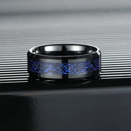 Miniatura 2 de King Will DRAGON - Anillo de carburo de tungsteno para hombre, 0.315 in, plateado, azul, negro, dragón celta, alianza de boda, acabado pulido