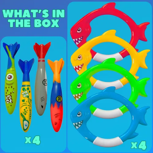 Miniatura 2 de Haktoys Anillos de buceo de tiburón y juguetes de piscina de torpedos para niños y niños pequeños, juguetes de buceo para entrenamiento de natación
