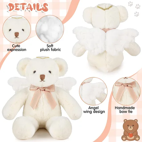 Miniatura 4 de Sratte Oso de ángel de peluche de 16 pulgadas con alas y lazo suave y lindo juguete de peluche para niños y niñas, cumpleaños, baby shower, bautizo