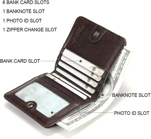 Miniatura 3 de Cartera de cuero con cremallera para hombre, con bloqueo RFID, mini billetera portátil con múltiples ranuras para tarjetas para billetes, Café