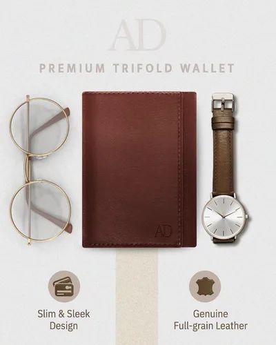 Miniatura 20 de Billetera de triple pliegue con RFID, cuero genuino, delgado, con ventana de identificación, bolsillo frontal, regalo para hombre