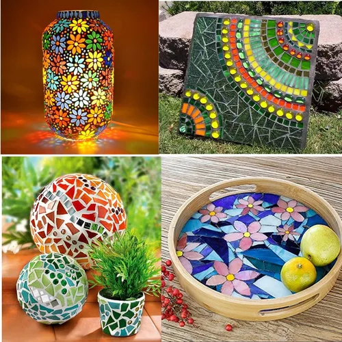 Miniatura 7 de Azulejos de mosaico de vidrio de color mixto 1.3lb/600g, 6 formas mixtas hoja de pétalo/redondo/rectángulo/cuadrado/rombo/triángulo vidrieras piezas