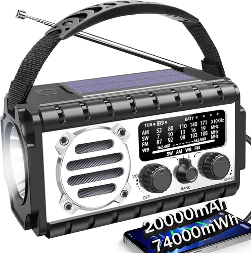Miniatura 8 de Radio de emergencia con manivela de 20000 mAh, radio meteorológica SW/NOAA/AM/FM, cargador de manivela alimentado por energía solar con batería