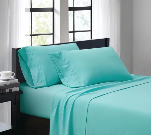 TRULY SOFT Everyday - Juego de sábanas de poliéster turquesa de 4 piezas, tamaño matrimonial, color sólido, ropa de cama para adultos, certificado