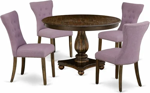 East West Furniture F2GA5-740 - Juego de mesa de cocina de 5 piezas para 4 personas, incluye una mesa de comedor redonda con pedestal y 4 sillas