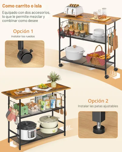 Miniatura 5 de Isla de cocina con 3 estantes, carrito de cocina rodante con 6 ganchos y estante protector, soporte de microondas con ruedas bloqueables, estante
