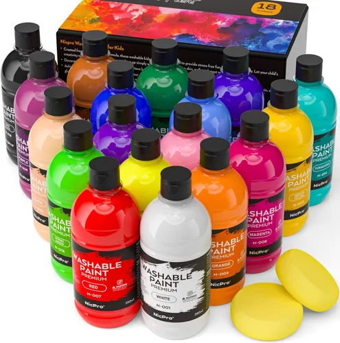 Miniatura 9 de Nicpro Juego de pintura lavable grande de 14 colores para niños (16.9 oz, 500 ml), suministros de pintura acrílica a granel no tóxicos, pintura