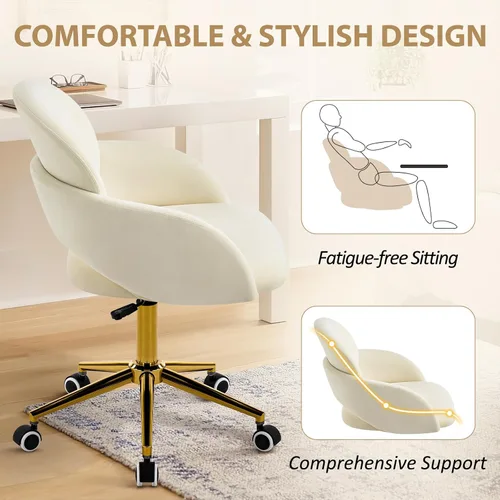 Miniatura 5 de Furniliving Silla de tocador con ruedas, linda silla de oficina tapizada con respaldo ahuecado, silla decorativa ajustable en altura con base