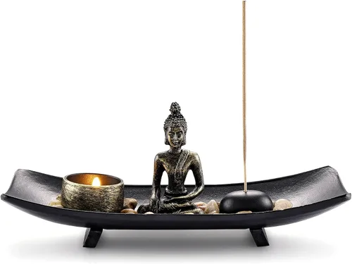 Miniatura 7 de Jovivi set de jardín zen con estatua de Buda, 2 portavelas de té de loto, mazo y rocas y cristales y quemador de incienso con soporte para varillas