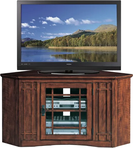 Miniatura 14 de Leick Home 80385 Soporte de TV de esquina de tres puertas de vidrio con plomo con almacenamiento cerrado para televisores de 50 pulgadas, roble