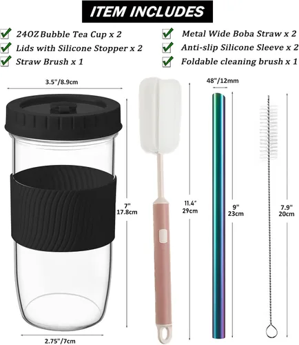 Miniatura 2 de Amyoole Paquete de 2 tazas Boba reutilizables, vasos de batido de boca ancha de 24 onzas, vasos de vidrio con tapas y popotes, tazas de té