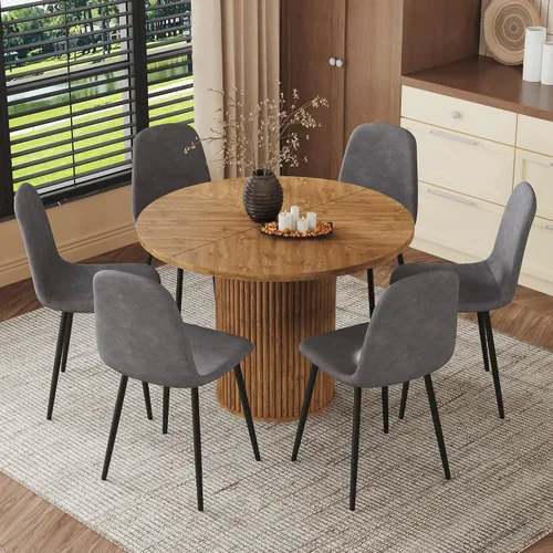Miniatura 22 de Mesa de comedor redonda para 4-6, mesa de comedor negra con tablero de madera de 42'' y base de pedestal cilíndrico, mesa de cena redonda