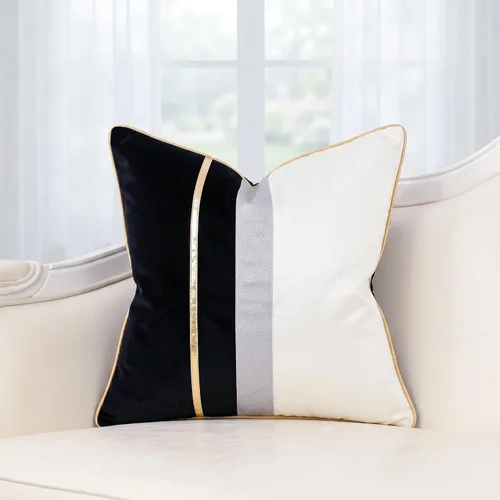 PANOD Funda de Almohada Decorativa de Terciopelo Negro Tipo Seda con Diseño Patchwork y Funda de Cojín de Cuero con Rayas Doradas, Funda de Almohada